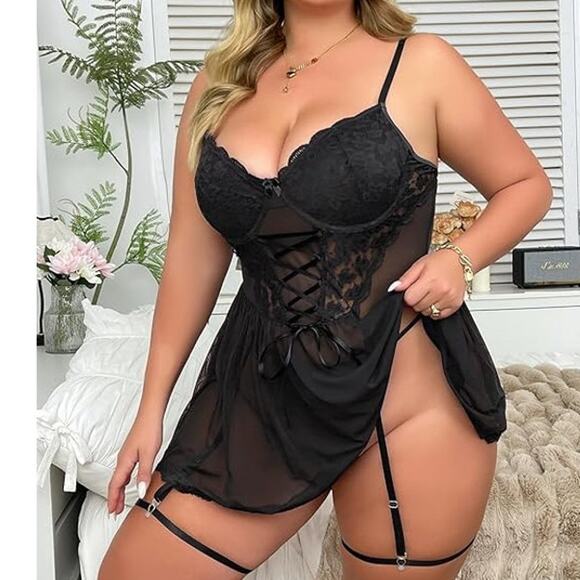 NWOT ~ Black Lace Sexy Babydoll Lace Up Nighty & Thong & Garters ~ Plus Size XXL - Picture 3 of 4